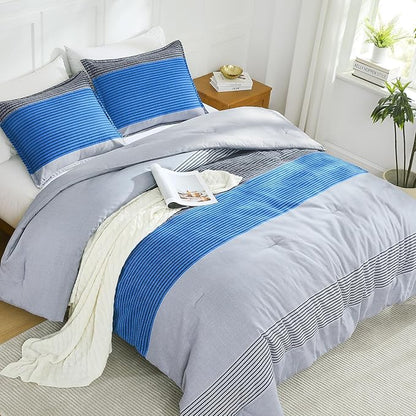 Litanika Bed Comforter King Set Grey Blue, Striped Bedding Comforter Set, 3 Pieces Lightweight Soft All Season Down Alternative Comforter (1 Comforter, 2 Pillowcases)