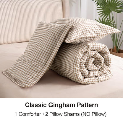 Queen Comforter Set, Modern Plaid Checkered Bedding, Tan Gingham Brown Grid Bed Comforter, Soft Fluffy Breathable Farmhouse Dorm Bedding, All Seasons 3 Piece Set | Gingham