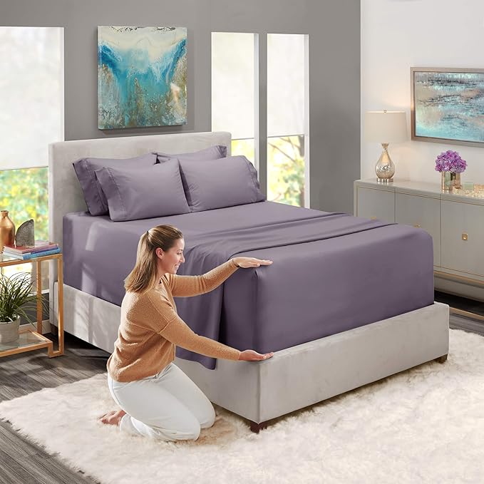 Hearth & Harbor Bed Sheets, Luxury Soft 6 Piece Bed Sheet Set Extra Deep Pocket Fitted Sheets Fits Mattress up to 21", Double Brushed Bedding Sheets & Pillowcases, Queen, Prpulish Gray