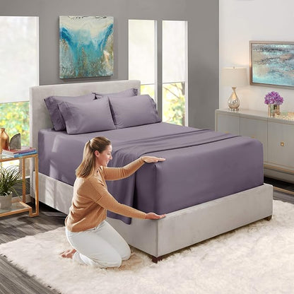 Hearth & Harbor Bed Sheets, Luxury Soft 6 Piece Bed Sheet Set Extra Deep Pocket Fitted Sheets Fits Mattress up to 21", Double Brushed Bedding Sheets & Pillowcases, King Purplish Gray
