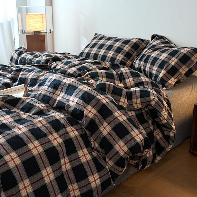 EAVD Vintage Black Plaid Gingham Comforter Set Queen Soft 100% Washed Cotton Black&Green&Red Grid Checkered Bedding Set with 2 Pillowcases Farmhouse Retro Plaid Comforter Set for All-Season