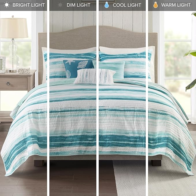 Madison Park Marina Comforter Quilt Combo Set - Modern Luxury Design, All Season Down Alternative Bedding, Matching Shams, Decorative Pillows, Full/Queen(90"x90"), Aqua 8 Piece
