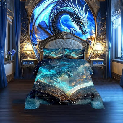 Flying Dragon Comforter Set Twin Size Magical Book Pattern Bedding Set Bedroom Decor Vintage Mid-Century Castle Quilt Set Comfortable Breathable Neon Burning Flame Duvet Insert 2Pcs