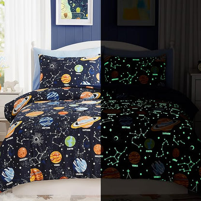Twin Comforter Set for Boys-5 Pieces Space Glow in the Dark Twin Bedding Sets for Kids, Ultra Soft Bed in A Bag with Sheets