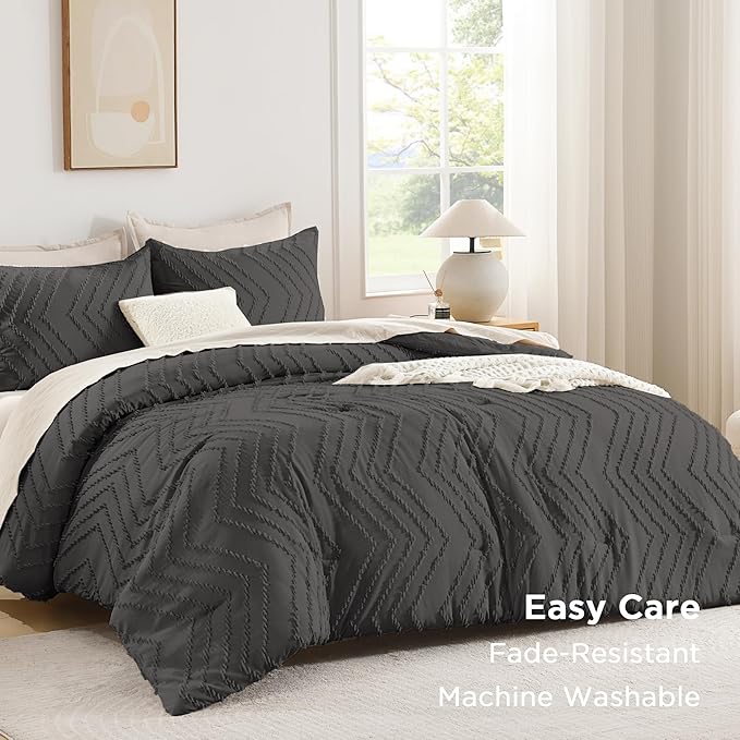 Andency Dark Grey California King Comforter Set, Boho Cal King Soft Warm Tufted Neutral Bedding Comforter Sets, 3 Pieces Cali King Aesthetic Chevron Farmhouse Cute Bohemian Textured Bedding Set