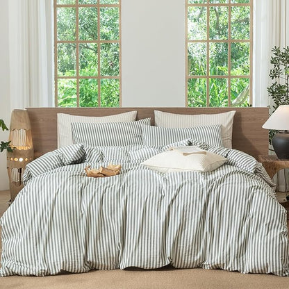 MooMee Striped Duvet Cover Set 100% Washed Cotton Linen Like Textured Breathable Durable Soft Comfy (Heathered Green Classic Stripes, Oversized Queen 98"x98")