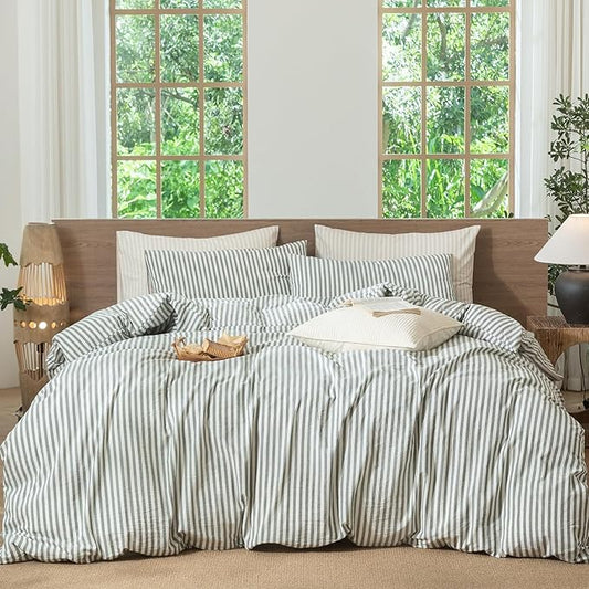 MooMee Striped Duvet Cover Set 100% Washed Cotton Linen Like Textured Breathable Durable Soft Comfy (Heathered Green Classic Stripes, Cal King 104"x98")