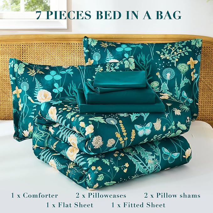 Yiran Queen Comforter Set 7 Piece, Teal Green Floral Bedding Set, Bed in a Bag Queen Size with Botanical Flowers Spring, Soft Lightweight Complete Comforters with Sheets for All Season