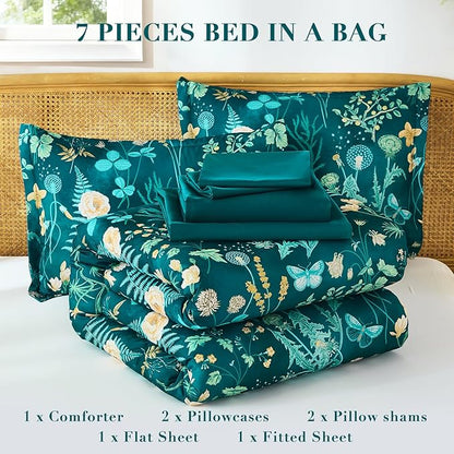 Yiran Queen Comforter Set 7 Piece, Teal Green Floral Bedding Set, Bed in a Bag Queen Size with Botanical Flowers Spring, Soft Lightweight Complete Comforters with Sheets for All Season