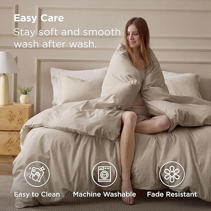 Bedsure 100% Washed Cotton Duvet Cover Oversized King - Frosted Almond Minimalist Bedding Set Linen Like - PureWoven Plain Simple & Soft Duvet Cover 3-Piece (Frosted Almond, Oversized King, 120"x98")