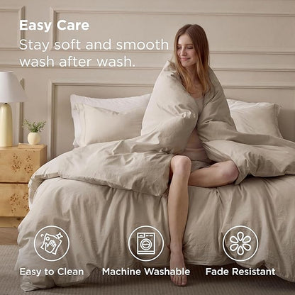 Bedsure 100% Washed Cotton Duvet Cover Queen Size - Frosted Almond Minimalist Bedding Set Linen Like - PureWoven Plain Simple & Soft Comforter Cover for All Seasons, Frosted Almond, Queen, 90"x90"