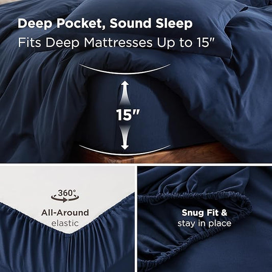 Bedsure Duvet Cover with Fitted Sheet Queen - Cooling Deep Pocket, Hotel Luxury Soft Double Brushed Bedding Set with Zipper Closure, 1 Duvet Cover, 1 Fitted Sheet, 2 Pillow Shams, NO Comforter, Blue