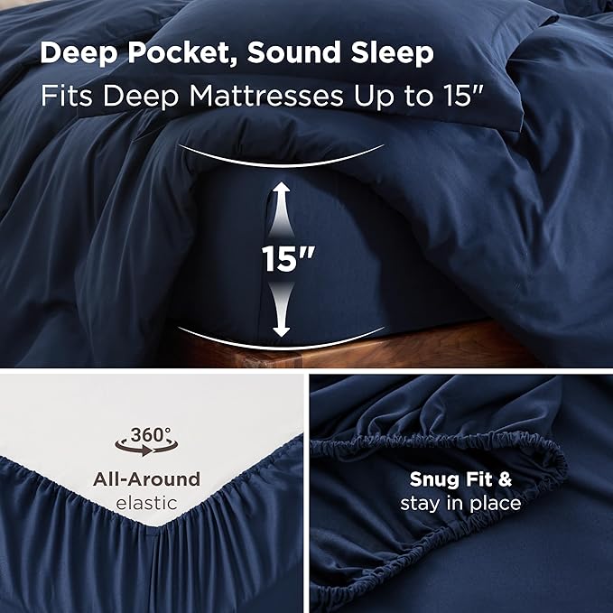 Bedsure Duvet Cover with Fitted Sheet King - Cooling Deep Pocket, Hotel Luxury Soft Double Brushed Bedding Set with Zipper Closure, 1 Duvet Cover, 1 Fitted Sheet, 2 Pillow Shams, NO Comforter, Blue