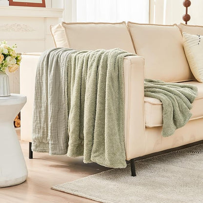 EMME Muslin and Fleece Queen Blanket Reversible - 80"*90" Sage Green Soft Warm Throw Blankets for Couch Bed Picnic Travel Bed