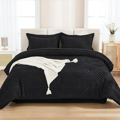 Andency Queen Comforter Set 7 Piece Black - Bed in a Bag Queen Boho Lightweight Fluffy Tufted Bedding Sets with Comforter, Sheets, Pillowcases & Shams