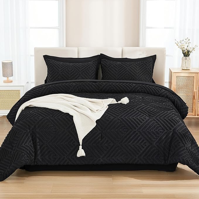 Andency Oversized Queen Comforter Set 7 Piece Black - Bed in a Bag Oversized Queen Boho Lightweight Fluffy Tufted Bedding Sets with Comforter, Sheets, Pillowcases & Shams