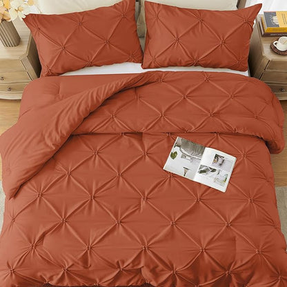 UNIKOME King Size Comforter Set Burnt Orange - Ultra Soft Boho Pintuck Down Alternative Bedding Set for All Seasons, 3 Pieces Lightweight Warm Pinch Pleat Bed Set with Comforter, 2 Pillowcases