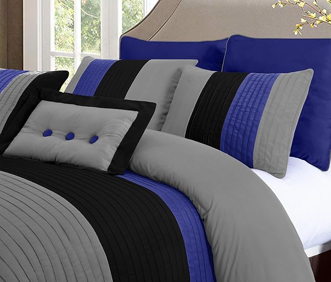 Chezmoi Collection Loft 8-Piece California King Comforter Set, Gray/Blue/Black Luxury Striped Bedding for All Season