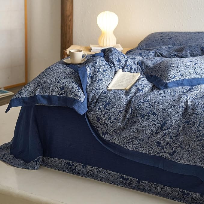 mixinni Muslin Cotton Vintage White Paisley Floral Duvet Cover King Size 3pcs Yarn Dyed Navy Blue Jacquard Weave Bedding Comforter Cover Soft Breathable Bedding Sets for All Season-King Size