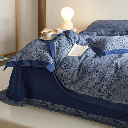 mixinni Muslin Cotton Vintage White Paisley Floral Duvet Cover King Size 3pcs Yarn Dyed Navy Blue Jacquard Weave Bedding Comforter Cover Soft Breathable Bedding Sets for All Season-King Size