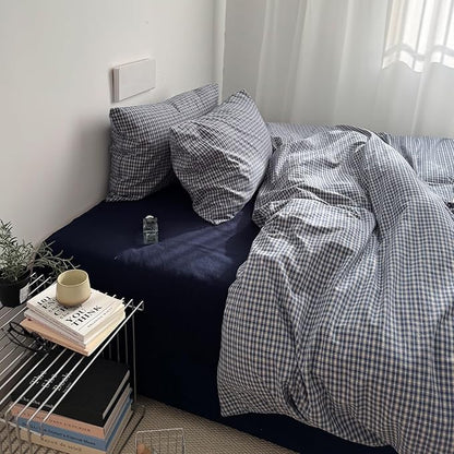 EAVD Vintage Blue Plaid Gingham Duvet Cover King Soft 100% Washed Cotton Reversible Grid Plaid Checkered Gingham Bedding Set with 2 Pillowcases Farmhouse Blue Plaid Duvet Cover with Zipper