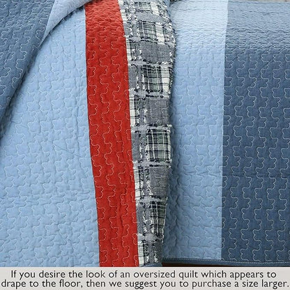 Cozy Line Home Fashions Sailor Navy Striped 100% Cotton Reversible Bedding Quilt Set, Coverlet Bedspread for Boys Kids (Navy/Red, Queen - 3 Piece)