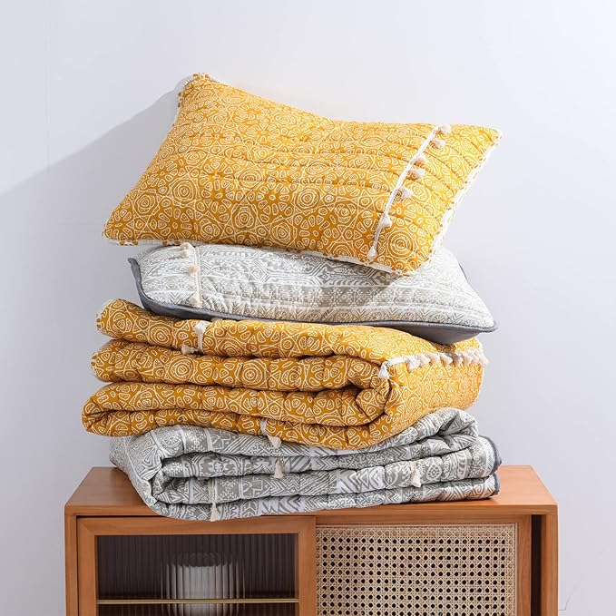 HORIMOTE HOME Boho Style Yellow King Quilt Set with Tassle, Soft and Lightweight Bedspread for All Season, King Size Bed Coverlet with 2 Matching Pillow Shams (3 Pieces)