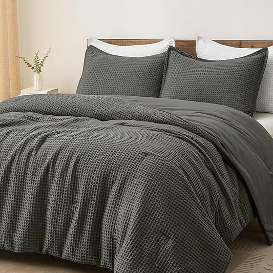 PHF Ultra Soft Waffle Weave Comforter Set Queen Size, 3 Pieces Lightweight Breathable Comfy Bedding Set, Comfy Textured 1 Comforter with 2 Pillow Shams, Grey