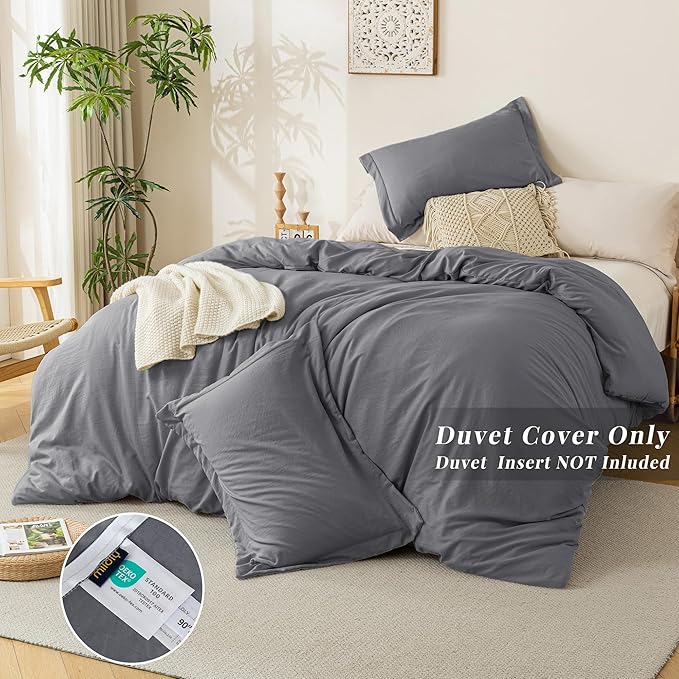 MILDLY Super Soft Duvet Cover 2pcs - 100% Washed Microfiber Dark Grey Comforter Cover Set with Zipper Closure & Corner Ties (No Comforter)
