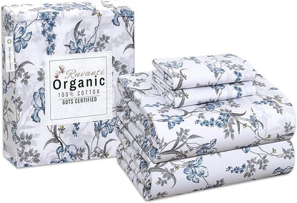 RUVANTI 100% Organic Cotton Sheets California King, Percale Weave, GOTS Certified, 4-Piece Set, Deep Pocket 13", Crisp & Breathable, Soft Durable Bedding, Sábanas Algodón Orgánico – Deluxe