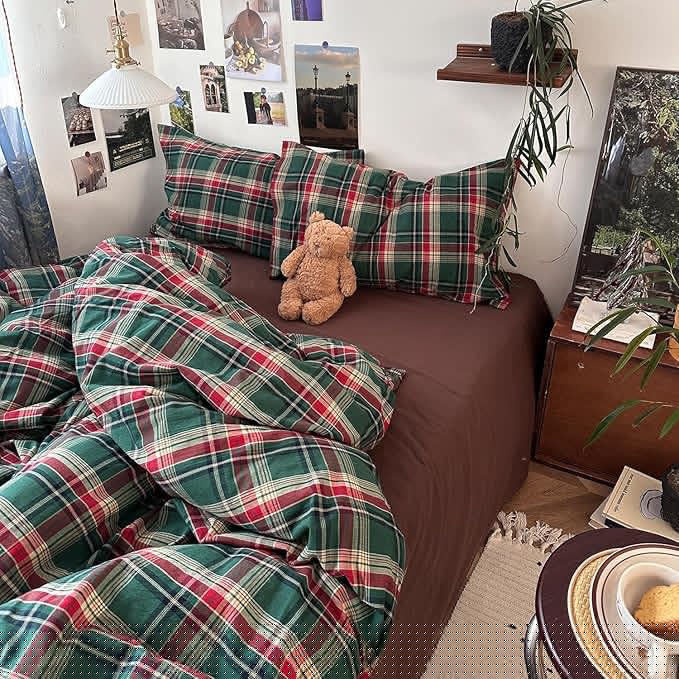 mixinni Vintage Green Buffalo Plaid Washed Cotton Duvet Cover Twin - Soft Breathable Textured Bedding Set with Zipper Closure for All Seasons-1 Duvet Cover + 2 Pillow Shams-Twin Size