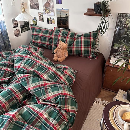 mixinni Vintage Green Buffalo Plaid Washed Cotton Duvet Cover King - Soft Breathable Textured Bedding Set with Zipper Closure for All Seasons-1 Duvet Cover + 2 Pillow Shams-King Size