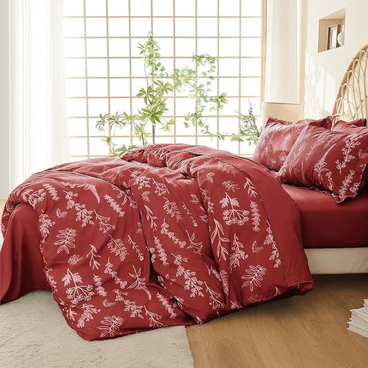 MUXHOMO Duvet Cover Queen Size, Reversible Floral Terracotta Duvet Cover Set with Zipper Closure, 3 Pieces Botanical Patterns Soft Microfiber Bedding Set with 4 Ties (90"x90", 2 Pillow Cases)