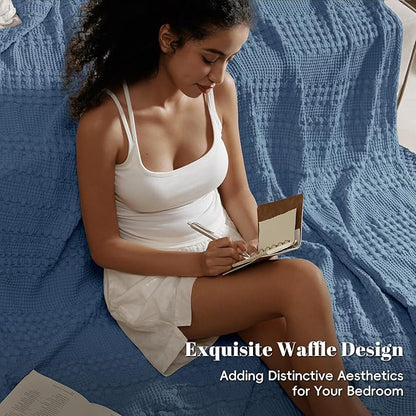 PHF 100% Cotton Waffle Weave Blanket King Size for Bed, Soft Lightweight & Breathable for Spring and Summer, All-Season Comfort, Luxury Aesthetic Blanket for Home Decor, 108"x90", Denim Blue
