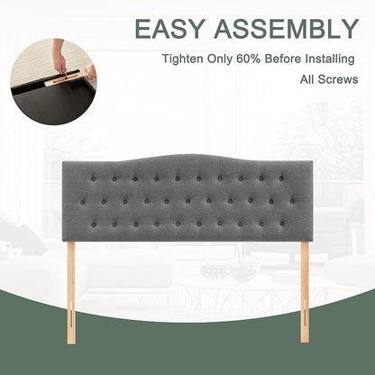 Tufted Headboard King Size, Solid Wood Adjustable Height Head Board, Gray | Upholstered King Headboard Only with Durable Solid Wood Legs, Adjustable Height 37-51 in, Fabric Button Diamond HeadBoards