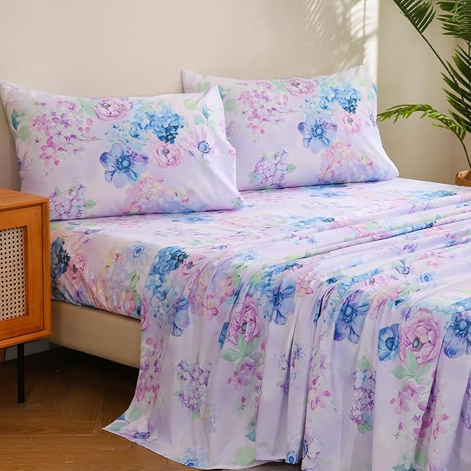 JSD Purple Hydrangea Floral Sheet Set Queen Size, 4 Piece Printed Microfiber Bed Sheets Deep Pocket