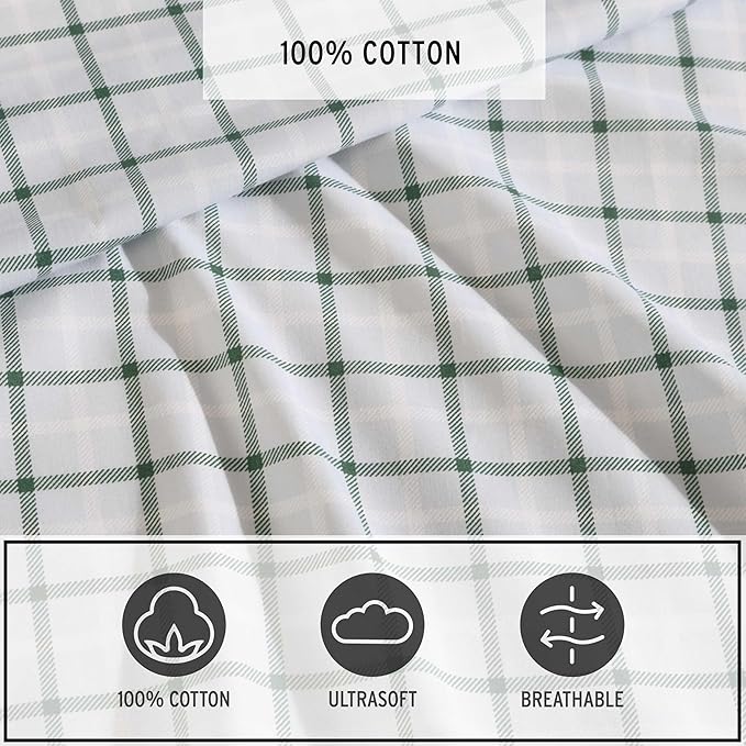 Eddie Bauer - Twin Sheet Set, Premium Cotton Percale Bedding Set, Plaid Home Decor, Oeko-Tex Certified (Classic Tattersall Plaid Green, Twin)