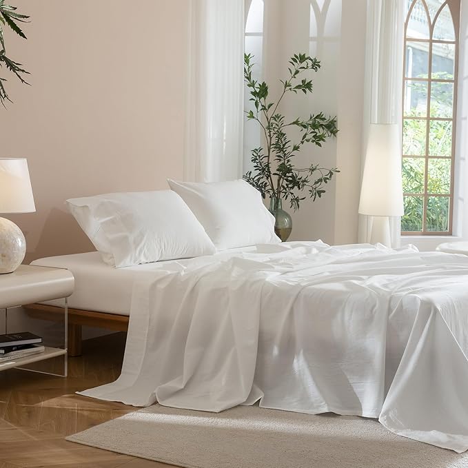 JIYUAN Queen Size Sheet Set, 4-Piece - 100% Washed Cotton, Linen-Like Soft & Breathable, Includes Deep Pocket Fitted & Flat Sheet with 2 Pillowcases, Hotel Quality, Solid Bright White