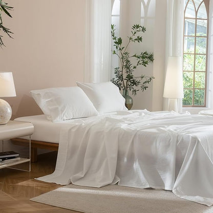 JIYUAN King Size Sheet Set, 4-Piece - 100% Washed Cotton, Linen-Like Soft & Breathable, Includes Deep Pocket Fitted & Flat Sheet with 2 Pillowcases, Hotel Quality, Solid Bright White