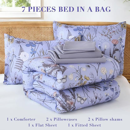 Yiran Queen Comforter Set 7 Piece, Purple Floral Bedding Set, Bed in a Bag Queen Size with Botanical Flowers Spring, Soft Lightweight Lavender Comforters with Sheets Complete for All Season