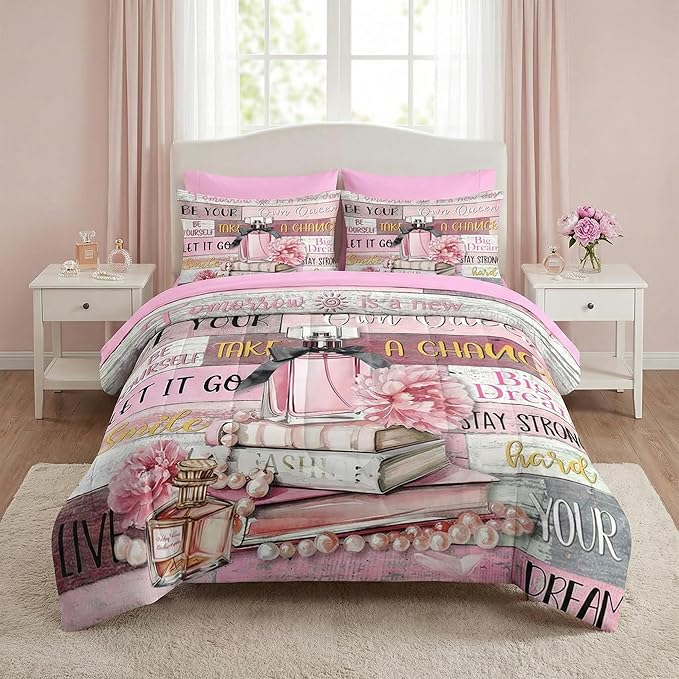 Nesker Comforter Set Full Size, Girly Hot Pink Perfume 7 Pcs Bedding for Kids and Adults, Girls Quotes Motivational Book Bed Sheet Sets with Fitted Sheet 2 Pillowcases & 2 Shams