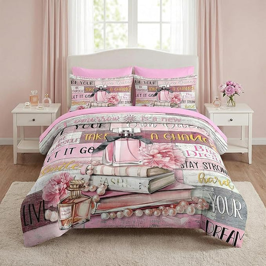 Nesker Comforter Set Full Size, Girly Hot Pink Perfume 7 Pcs Bedding for Kids and Adults, Girls Quotes Motivational Book Bed Sheet Sets with Fitted Sheet 2 Pillowcases & 2 Shams