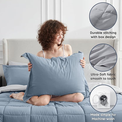 Nestl 7 Piece California King Comforter Set – Stone Blue Reversible Bed in a Bag – Complete Cal King Size Bedding Set with Sheets, Pillowcases and Shams