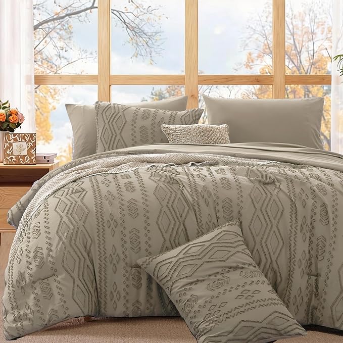 WRENSONGE Full Size Comforter Set with Sheets - 7 Pieces Khaki Tufted Bed in a Bag Full Shabby Chic Bedding Sets with 1 Comforter, 2 Sheets, 2 Pillowcases & 2 Shams