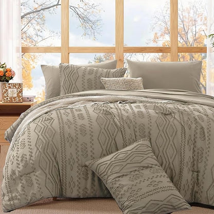 WRENSONGE Full Size Comforter Set with Sheets - 7 Pieces Khaki Tufted Bed in a Bag Full Shabby Chic Bedding Sets with 1 Comforter, 2 Sheets, 2 Pillowcases & 2 Shams