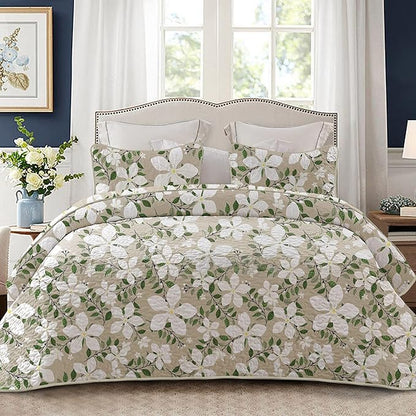 Whale Flotilla Reversible Printed Quilt King Size, Extra Soft Boho Floral Leaf Bedspreads for Bed Lightweight King Quilt Bedding Set Coverlets with 2 Pillow Shams for All Seasons, White Bone