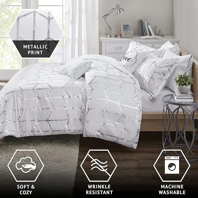 Intelligent Design Raina King/Cal King Comforter Set, Soft Microfiber, Modern Geometric Metallic Bed Set, 5 Pieces College Bedding with 2 Shams, 2 Toss Pillows White/Silver