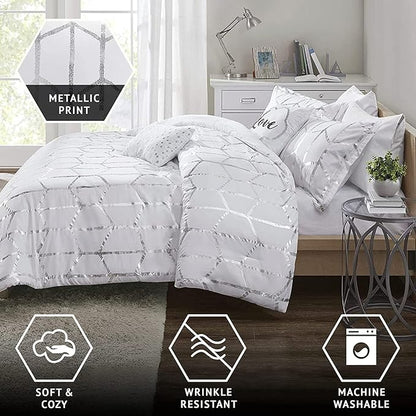 Intelligent Design Raina King/Cal King Comforter Set, Soft Microfiber, Modern Geometric Metallic Bed Set, 5 Pieces College Bedding with 2 Shams, 2 Toss Pillows White/Silver