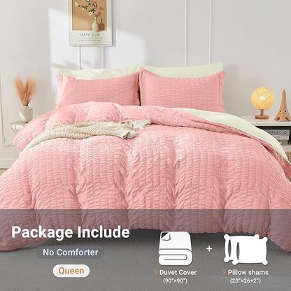 HYMOKEGE Pink/Ivory Duvet Cover King Size, Ultra Soft 3-Piece Seersucker Duvet Cover Set with Zipper Closure, Soft Brushed Microfiber Bedding Set with 8 Corner Ties (104"x90", 2 Pillowshams)