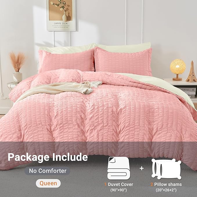 HYMOKEGE Pink/Ivory Duvet Cover Full Size, Ultra Soft 3-Piece Seersucker Duvet Cover Set with Zipper Closure, Soft Brushed Microfiber Bedding Set with 8 Corner Ties (80"x90", 2 Pillowshams)